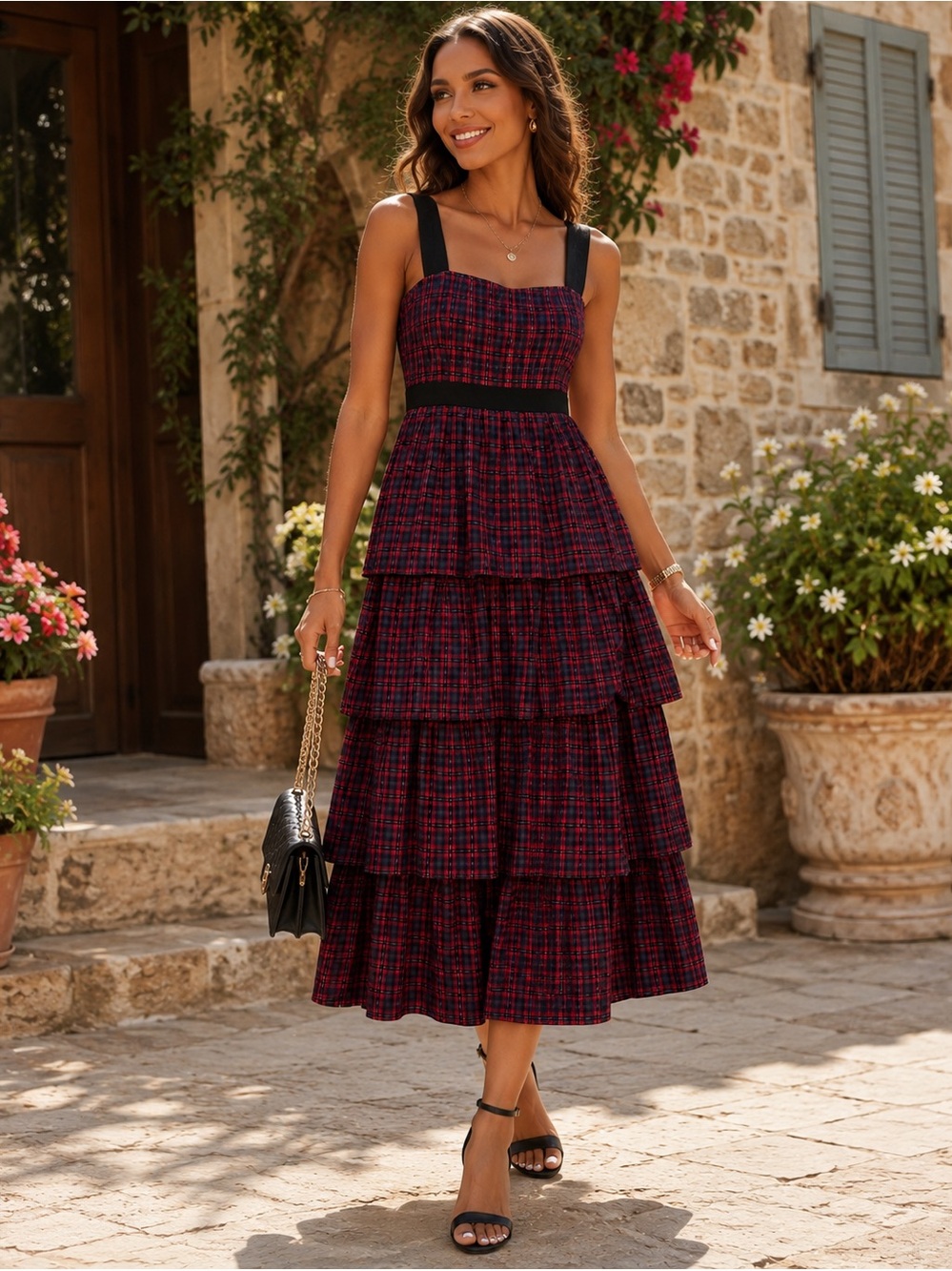 Wishlist Plaid Mari Tiered Midi Dress in COLOR: RED-MULTI size S NWOT